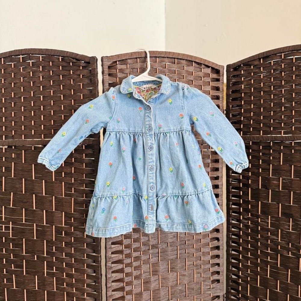 Blue Denim Dress Mini Boden with Floral Embroidery 100% Cotton Size 3-4Y